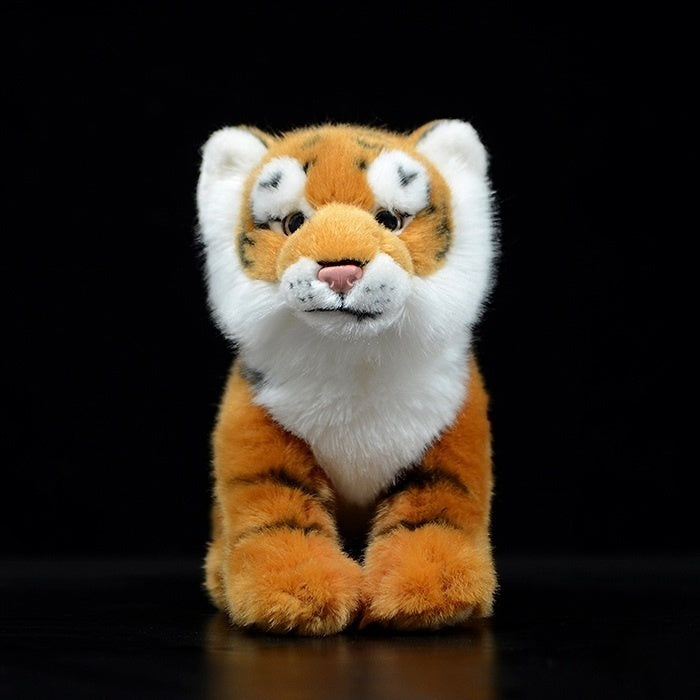 Front view of a lifelike tiger stuffed animal, featuring detailed fur and stripes for tiger lovers