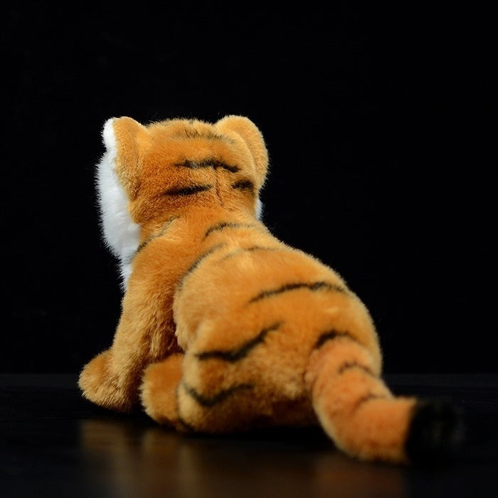 Back view of a tiger plush toy displaying its detailed orange fur and striped tail for collectors