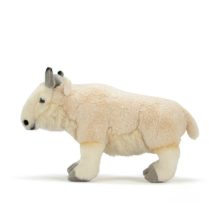Side view of a realistic Takin stuffed animal with soft cream-colored fur and lifelike details by SoftDaysLab