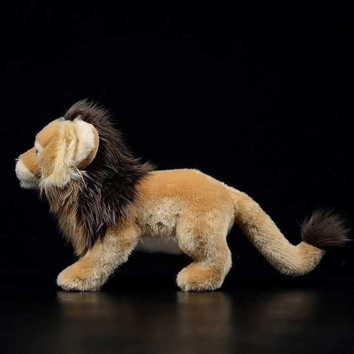 Side profile of a lion plush toy showcasing lifelike details and soft fur texture