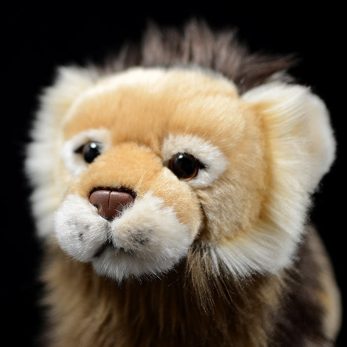 Close-up of a lion plush toy’s face, featuring detailed eyes, soft fur, and an adorable expression