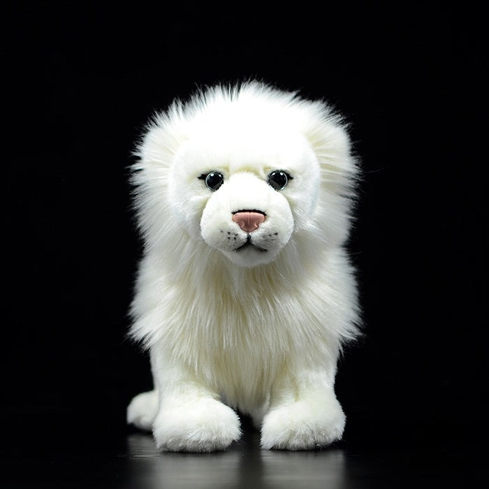 Front view of a realistic white lion plush toy showcasing its soft fur and charming face