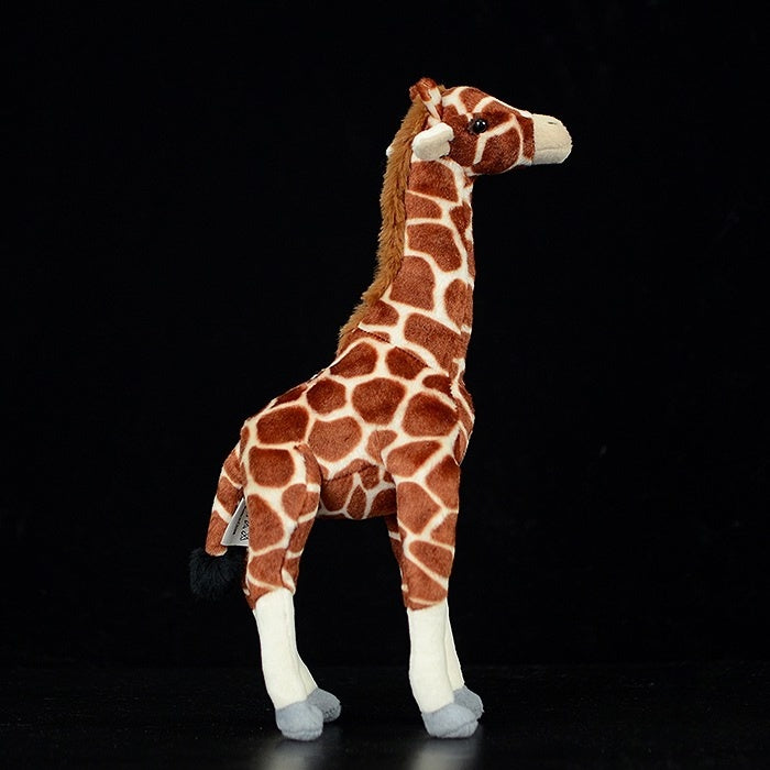 Side view of a giraffe plush toy showcasing realistic giraffe patterns and lifelike shape