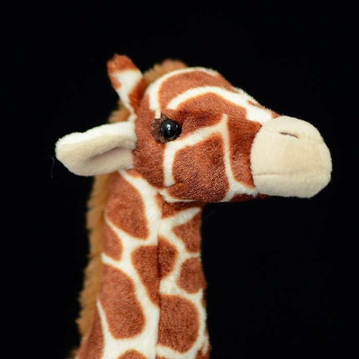 Close-up of the giraffe plush toy's face, featuring lifelike eyes and detailed patterns