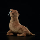 Angled back view of a fur seal stuffed animal, highlighting its flippers and soft plush material