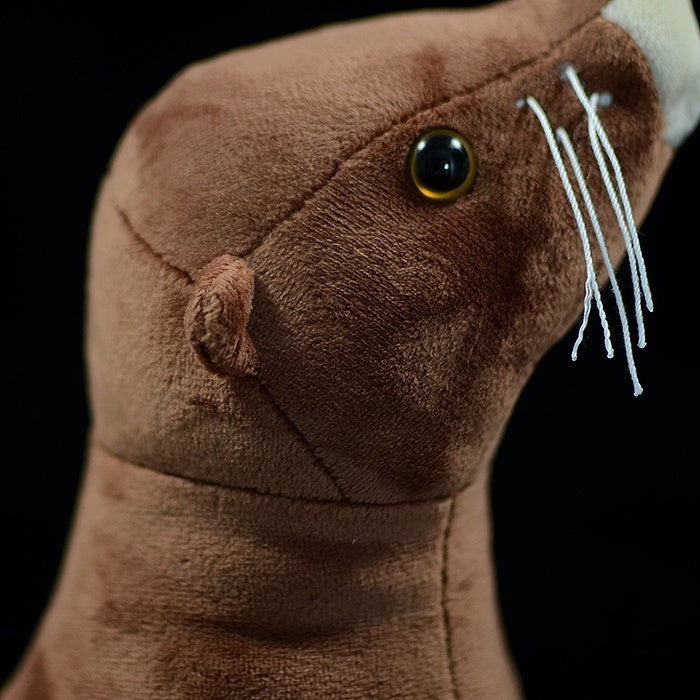 Side view of the fur seal plush toy's head, showcasing its lifelike features and detailed craftsmanship
