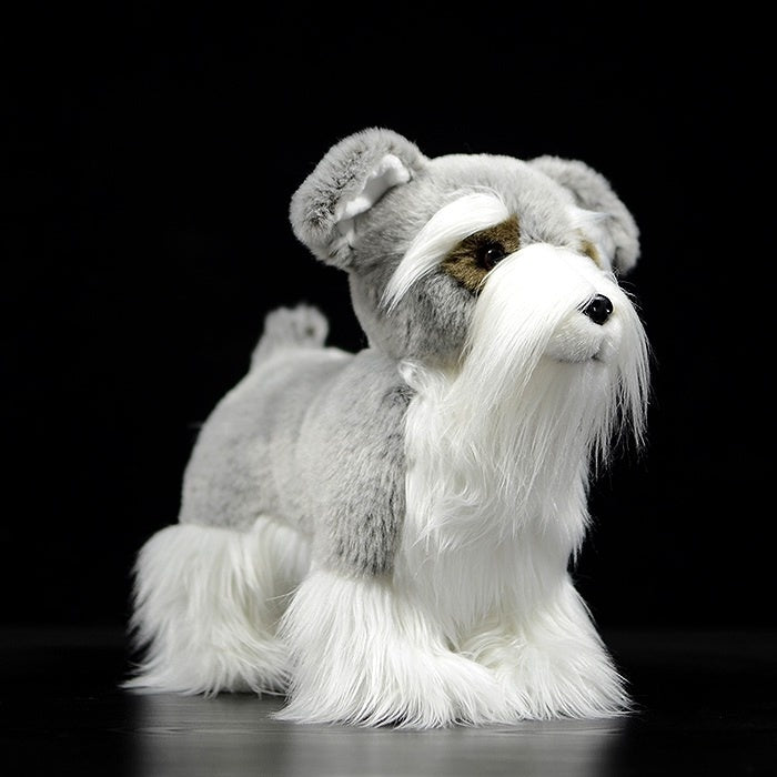 Salt and Pepper Miniature Schnauzer plush toy standing, featuring realistic details by SoftDaysLab