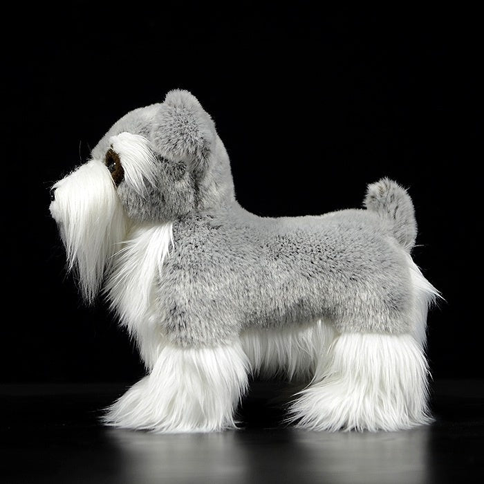 Side profile of a realistic Salt and Pepper Miniature Schnauzer plush toy with detailed coat by SoftDaysLab