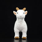 Front view of an adorable white goat stuffed animal, featuring soft fur and realistic brown horns