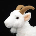 Close-up of the white goat plush toy's face, highlighting its realistic brown horns and soft fur