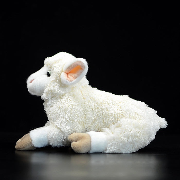Side profile of lifelike domestic sheep plush, soft and perfect for farm animal enthusiasts
