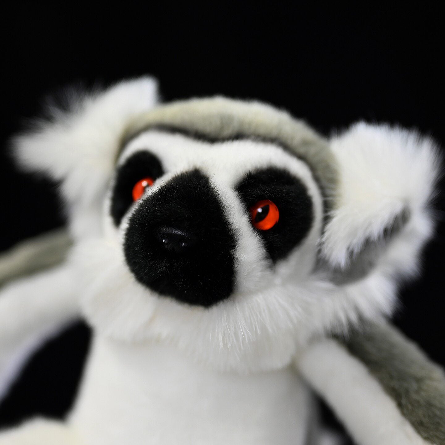 Close-up face of the Ring-tailed Lemur plush, with captivating red eyes and vibrant design