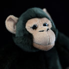 Close-up of chimpanzee plush face with expressive eyes, realistic design, and soft cuddly fur