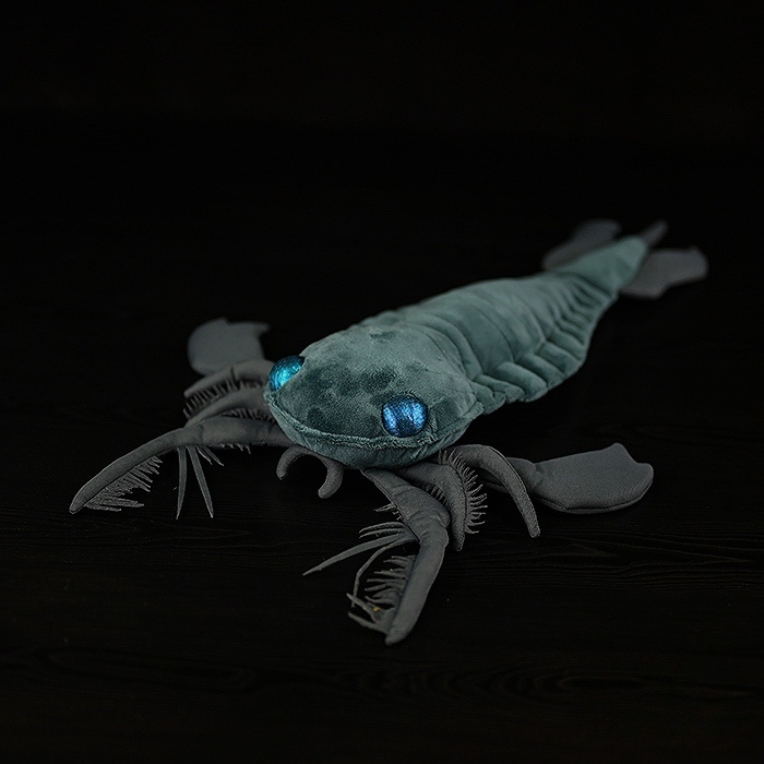 Realistic Megalograptus sea scorpion plush toy by SoftDaysLab, showcasing lifelike details and glowing eyes