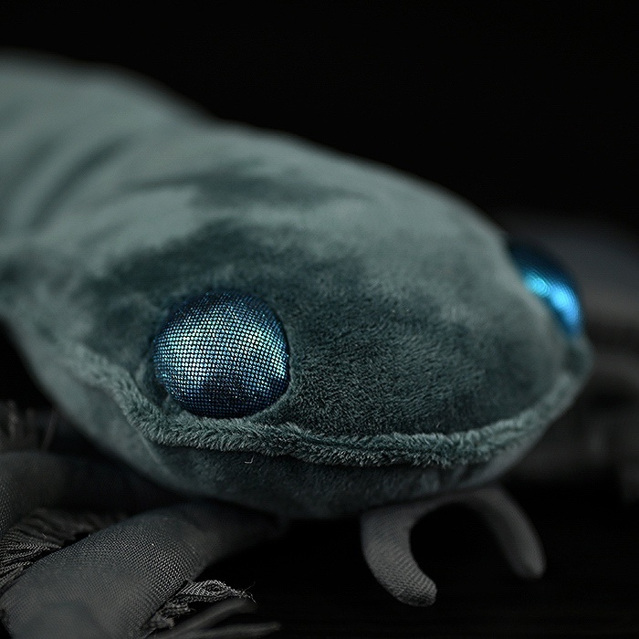 Detailed headshot of Megalograptus plush toy, showcasing lifelike blue eyes and soft fabric by SoftDaysLab