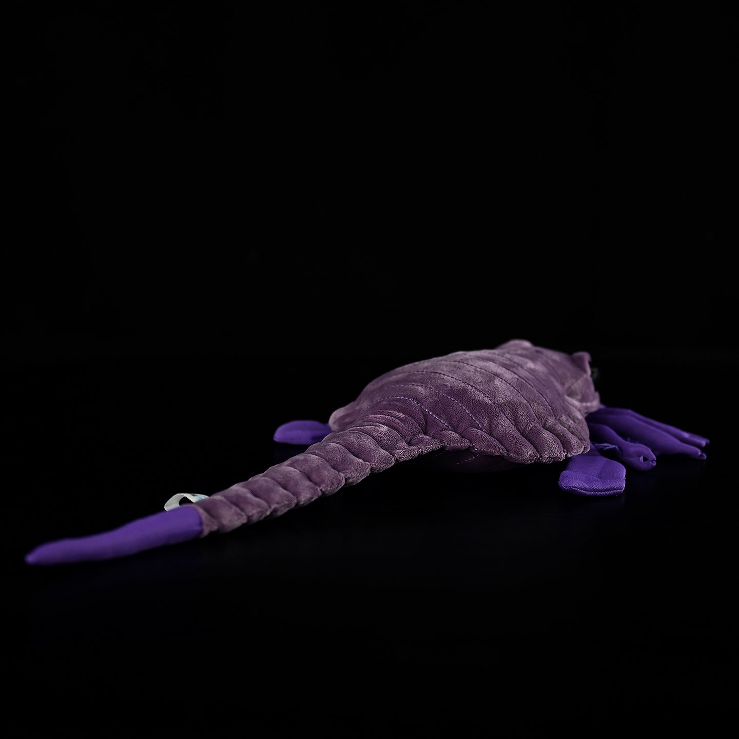 Back view of SoftDaysLab Carcinosoma plush toy, highlighting its segmented tail and realistic eurypterid body