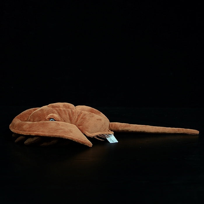 Side view of a soft Chinese horseshoe crab stuffed animal featuring a detailed tail and smooth texture by SoftDaysLab