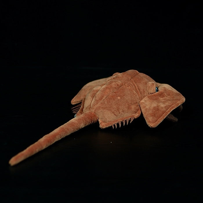 Full view of the Chinese horseshoe crab plush toy, highlighting its long tail and soft shell by SoftDaysLabAnimal