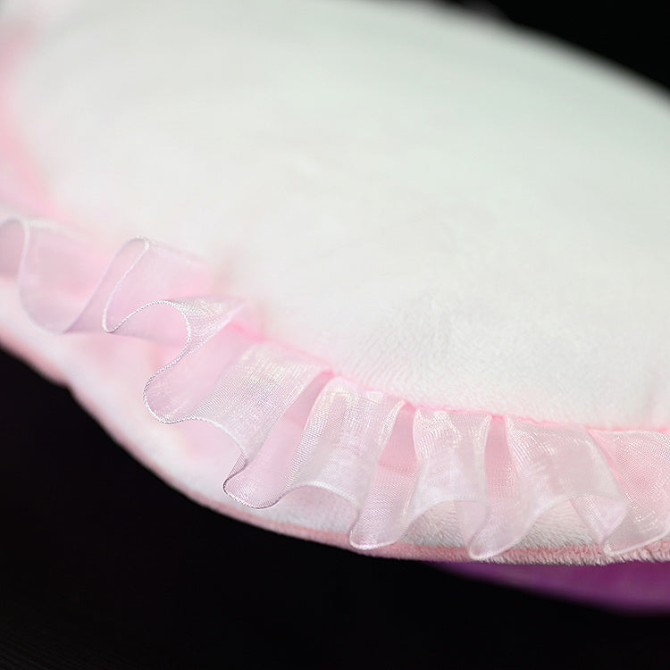 Close-up of the Kimberella plush toy's underside, highlighting its soft fabric and delicate pink frill design by SoftDaysLab