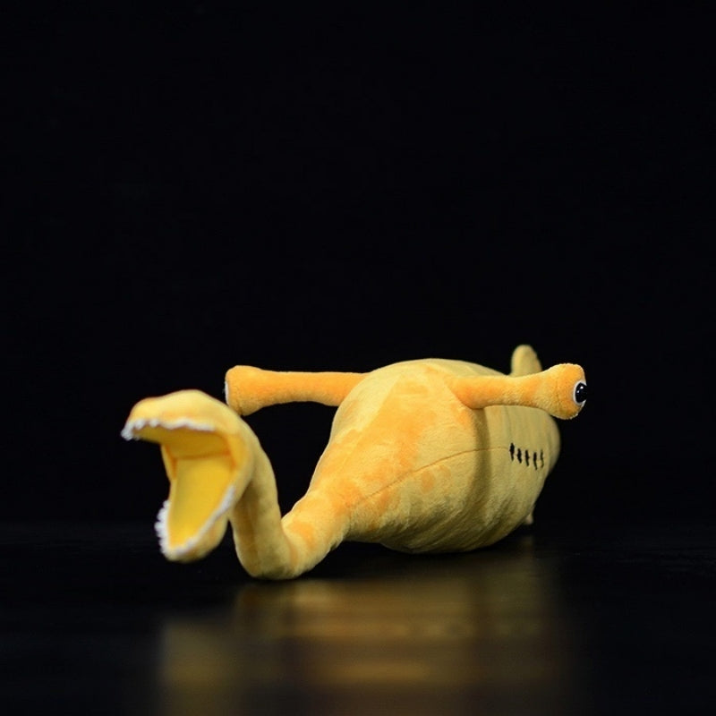 Front view of Tully Monster plush toy, showcasing its stalked eyes and open proboscis mouth by SoftDaysLab