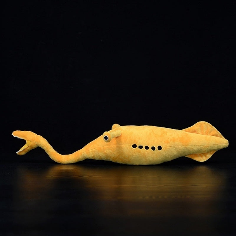 Full-length view of Tully Monster plush toy, capturing its realistic shape and prehistoric charm by SoftDaysLab