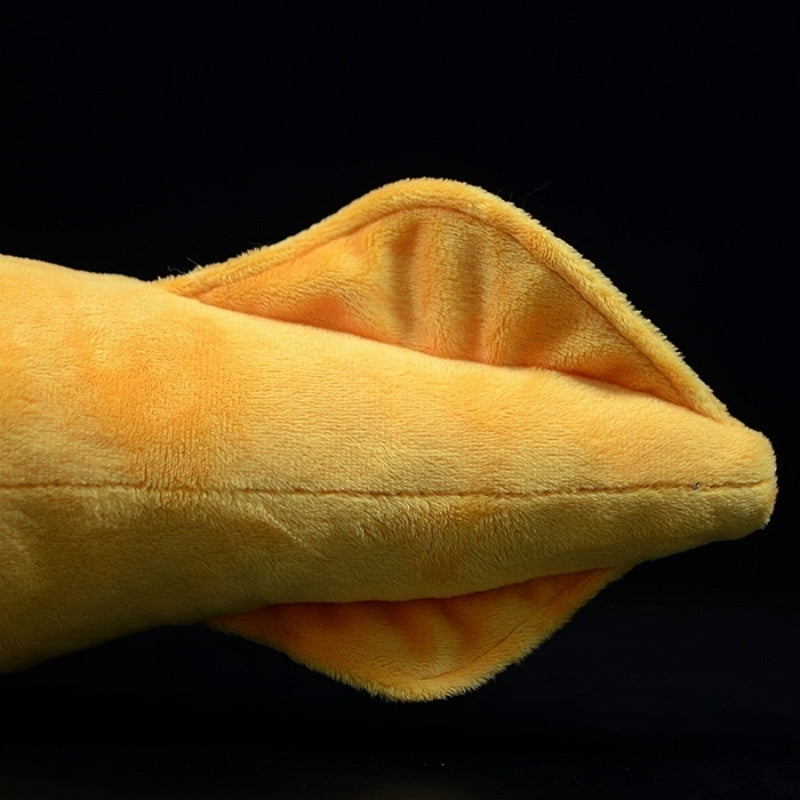 Close-up of Tully Monster plush’s triangular tail fin, showcasing soft fabric and realistic prehistoric detail