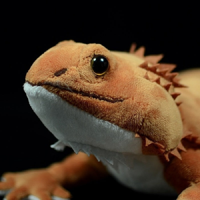 Close-up of bearded dragon plush toy's lifelike facial features, eyes, and soft snout by SoftDaysLab