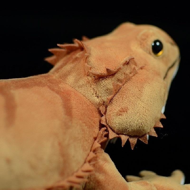 Detailed image focusing on the textured spiny frills on the side of bearded dragon plush toy's head by SoftDaysLab