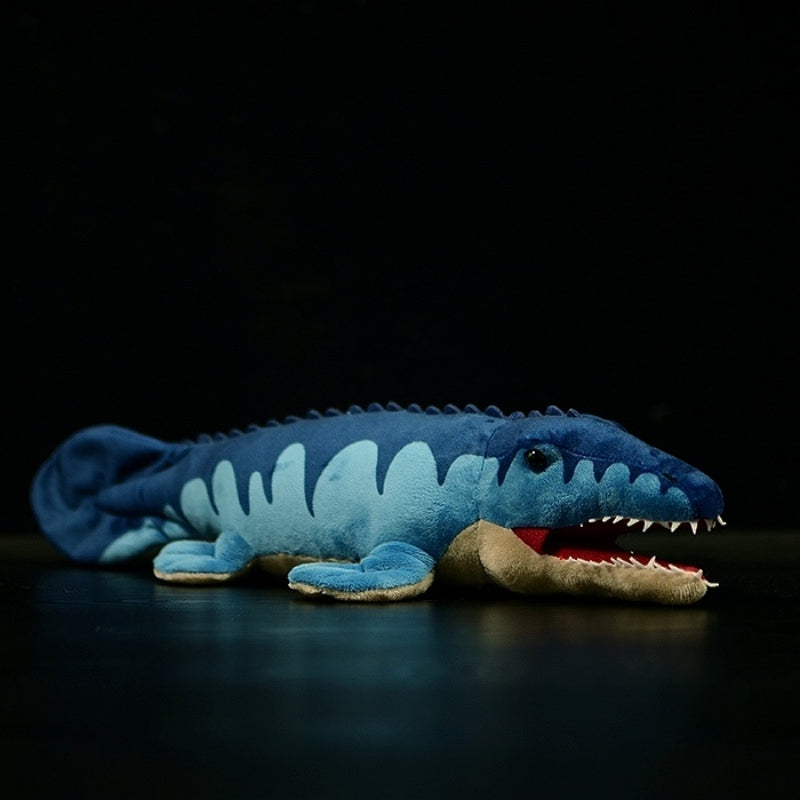 Realistic Mosasaurus plush toy with impressive blue design, soft texture, and detailed anatomy by SoftDaysLab
