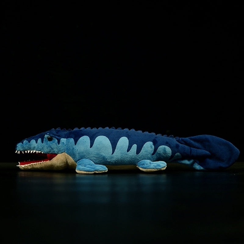 Side view of Mosasaurus plush toy highlighting flippers, long tail, and ocean-inspired blue patterns by SoftDaysLab