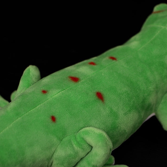 Back view of Madagascar giant day gecko plush toy displaying its red spot patterns on green skin