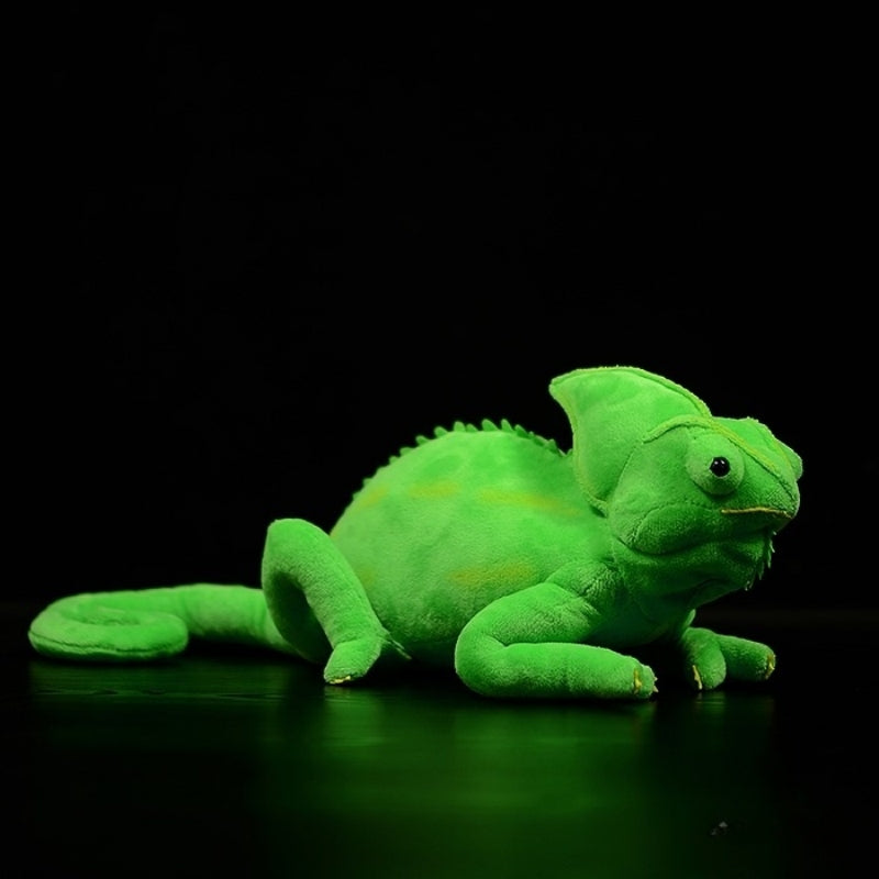 Side view of a realistic green chameleon plush toy with detailed texture and vibrant colors by SoftDaysLab