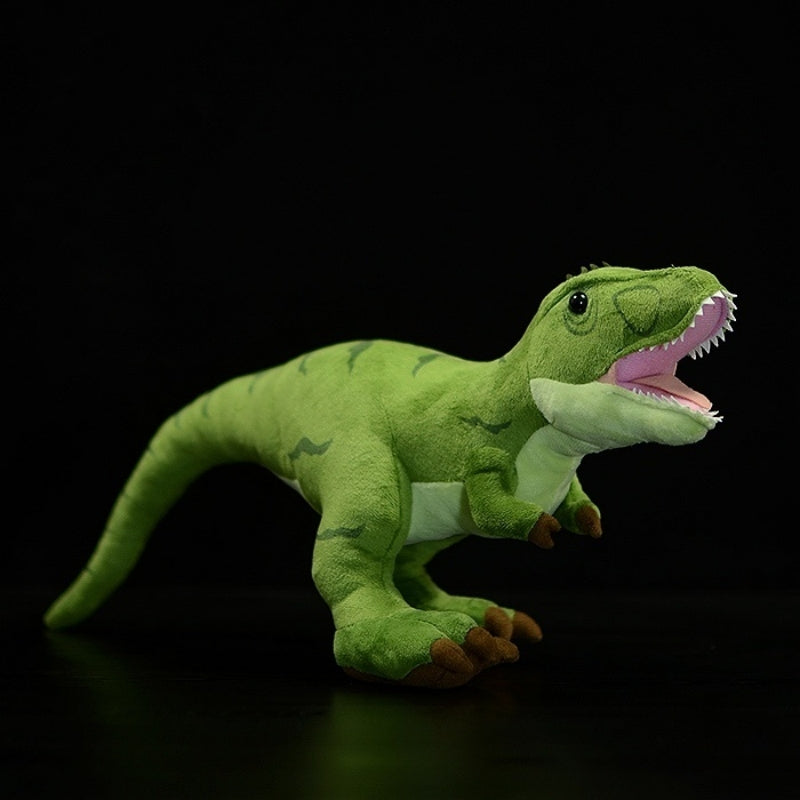 Side view of realistic T-Rex dinosaur stuffed animal with sharp teeth and detailed texture for kids and collectors