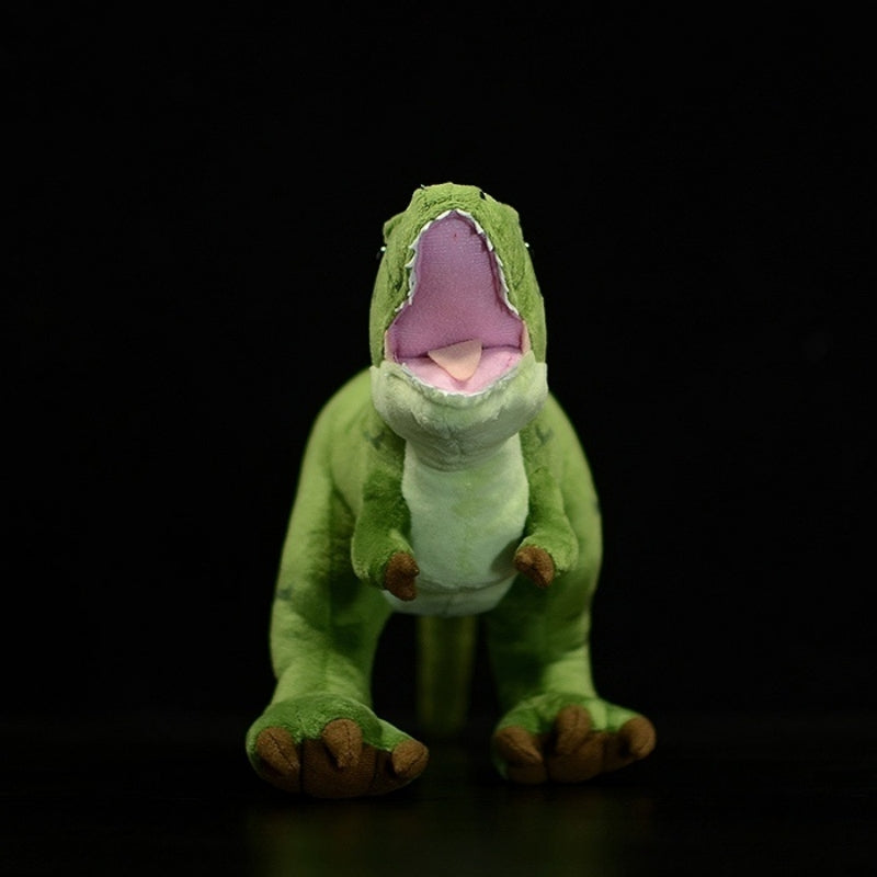Front view of T-Rex dinosaur plush toy showing its open mouth and lifelike design by SoftDaysLab