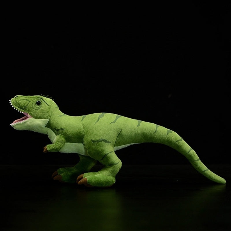 Full side profile of lifelike T-Rex dinosaur stuffed animal showcasing realistic dinosaur features