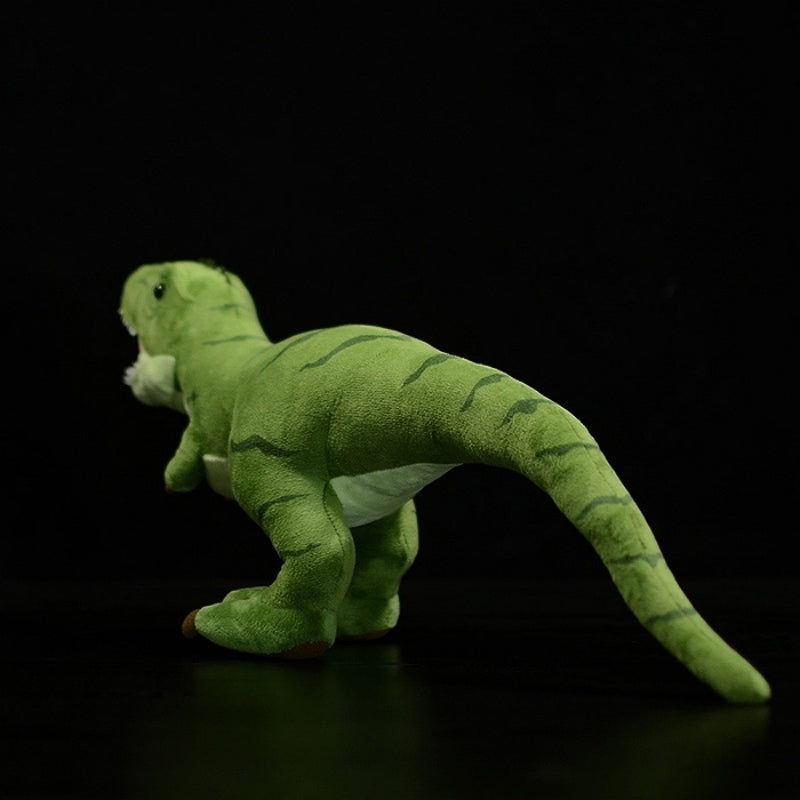 Rear view of T-Rex dinosaur plush toy featuring its long striped tail and dinosaur-like body details