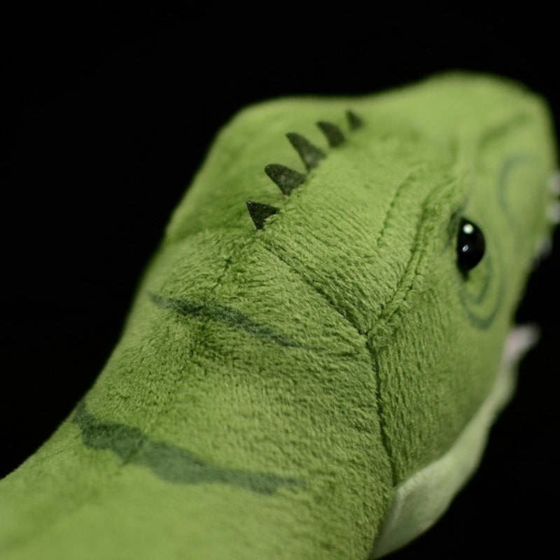 Detail shot of T-Rex dinosaur plush toy’s soft fabric and head spikes for added dinosaur authenticity