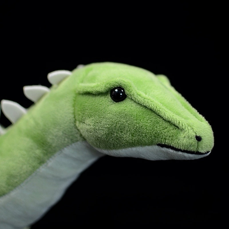 Close-up of Huayangosaurus dinosaur plush toy’s head with charming eyes and lifelike features