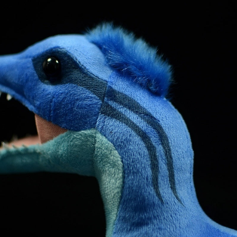 Detailed view of Microraptor dinosaur plush toy’s head and crest with realistic markings by SoftDaysLab