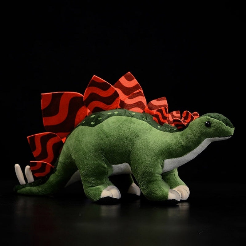 Stegosaurus dinosaur plush toy by SoftDaysLab with green body and red plates, perfect for dinosaur enthusiasts