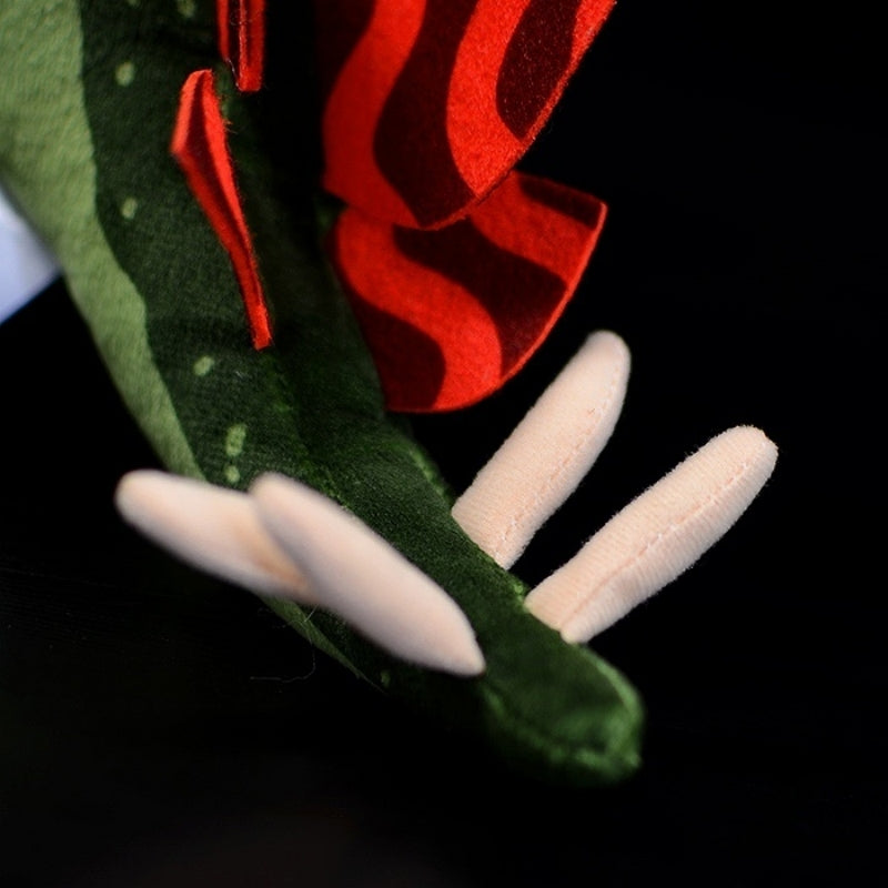 Close up of Stegosaurus dinosaur plush's tail, showcasing soft pointed spikes and vibrant red plates, perfect for kids and collectors