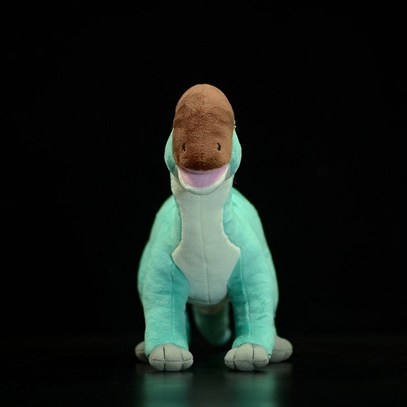 Front view of Parasaurolophus dinosaur plush toy showcasing its adorable face and signature crest