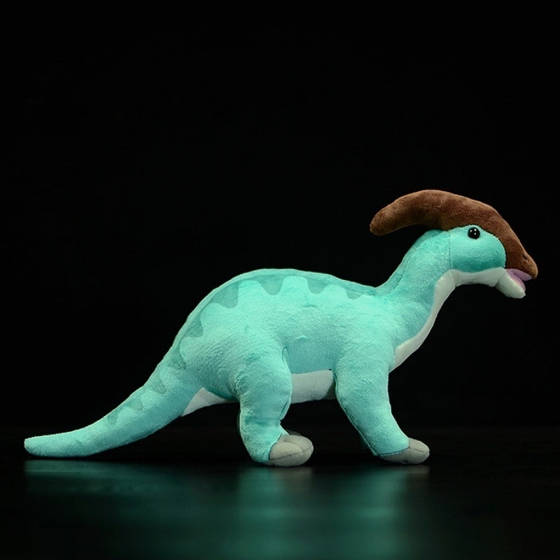 Side profile of Parasaurolophus dinosaur stuffed animal with realistic features and vibrant colors