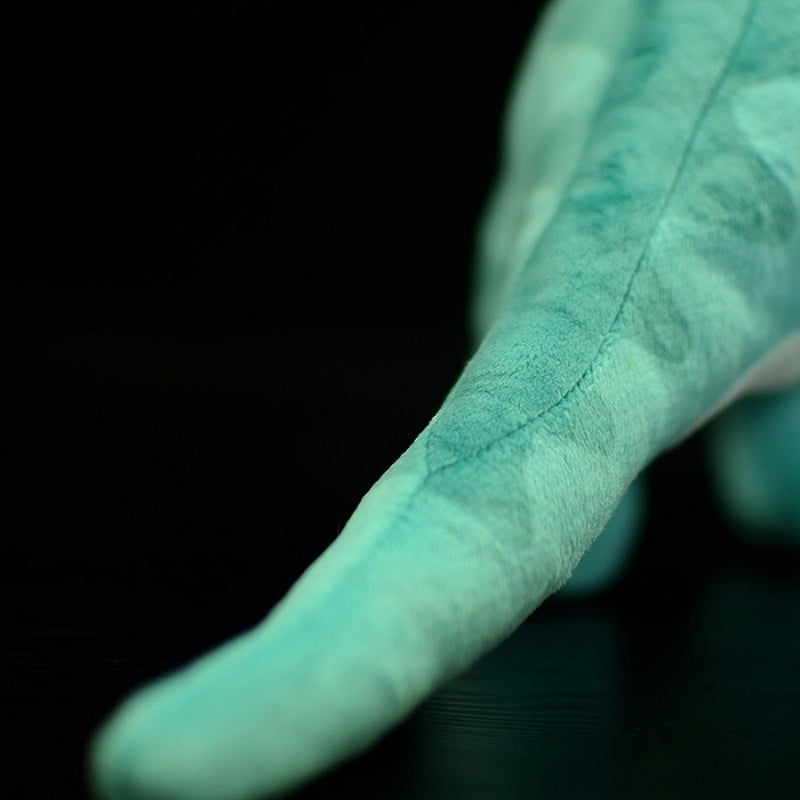 Tail view of Parasaurolophus dinosaur plush, showcasing detailed design and premium material
