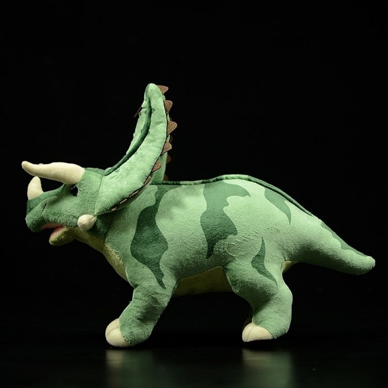 Side view of the Pentaceratops stuffed animal showcasing detailed design and lifelike Jurassic patterns