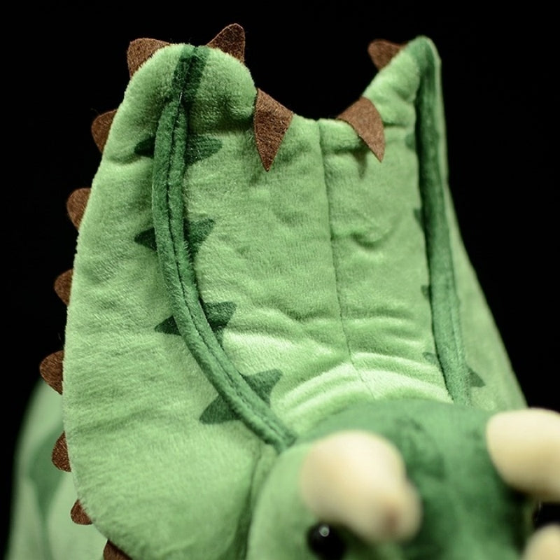 Close-up of the Pentaceratops dinosaur plush frill with detailed spikes and soft green fabric