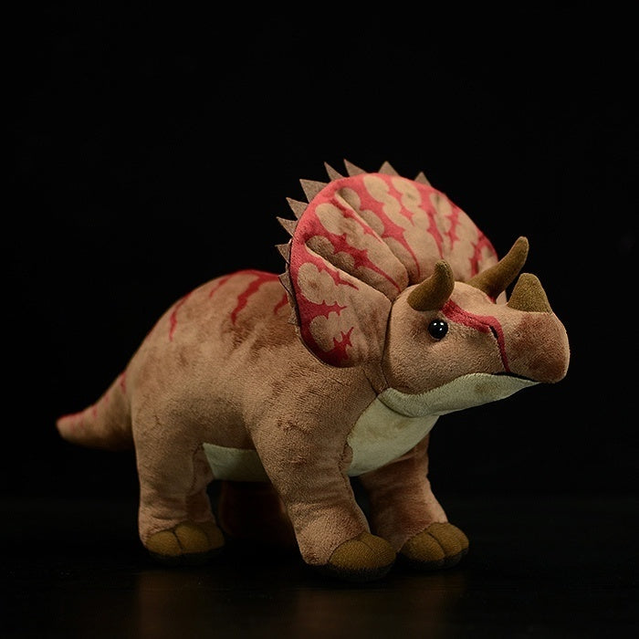 Realistic Triceratops dinosaur plush toy with red frill design, perfect gift for dinosaur lovers by SoftDaysLab
