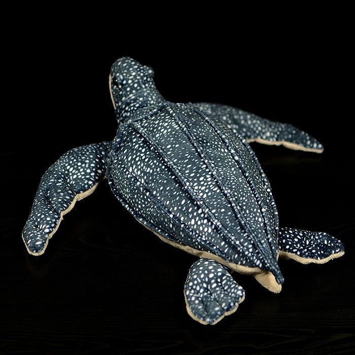 Back view of a leatherback sea turtle plush, featuring realistic ridges and lifelike patterns on its shell