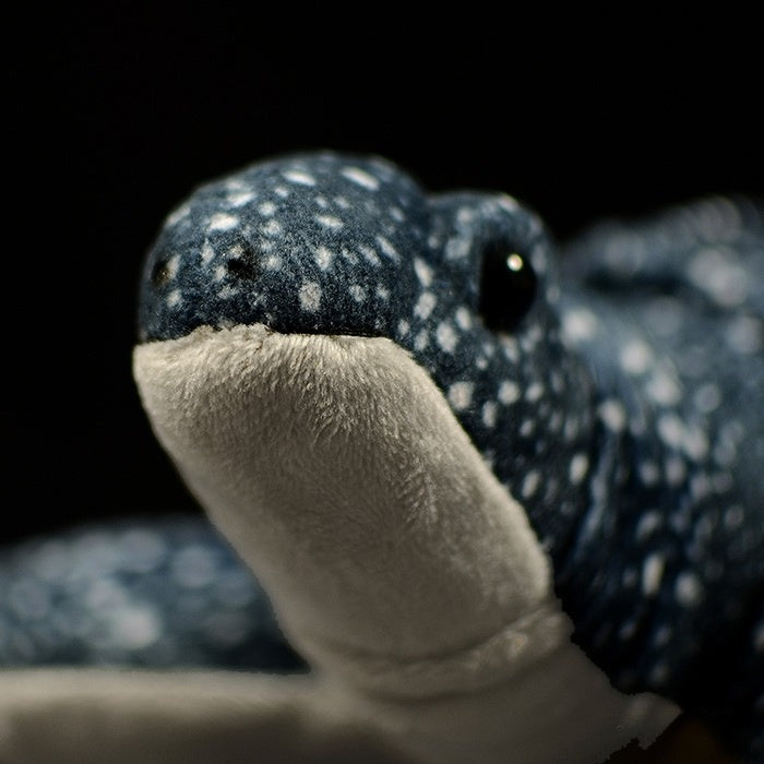 Close-up of the leatherback sea turtle plush's face, capturing its realistic details and charming expression