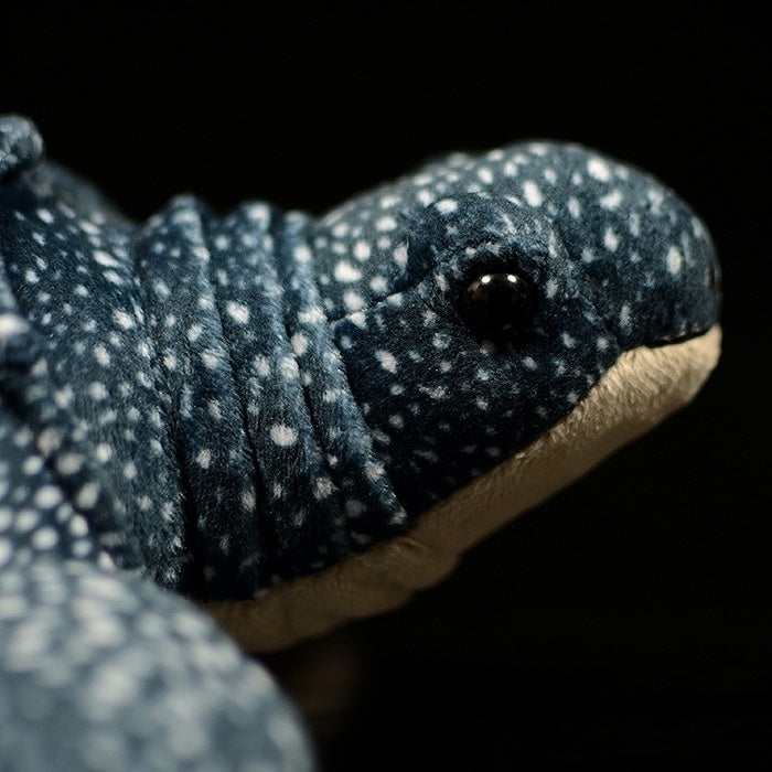 Close-up of the leatherback sea turtle plush's head, highlighting its lifelike eyes and intricate details